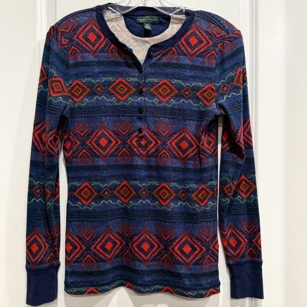 Ralph Lauren LRL XS Southwestern Aztec Thermal Henley Shirt Women's y2K Cottage